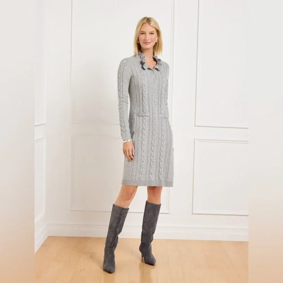 Talbots | Dresses | Talbots Ruffle Neck Cable Knit Sweater Dress In Heather  Gray Sz Small Petite | Poshmark